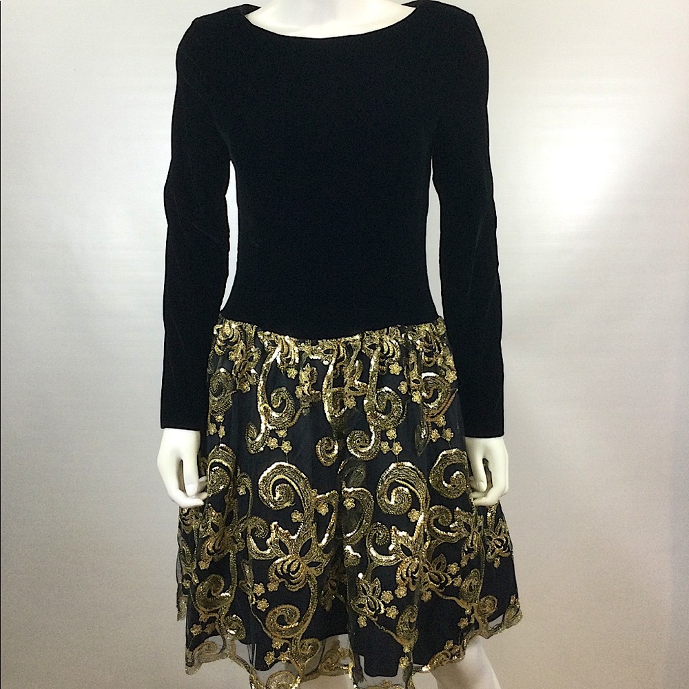 Vintage Jessica McClintock Black  Velvet & Gold Evening Dress